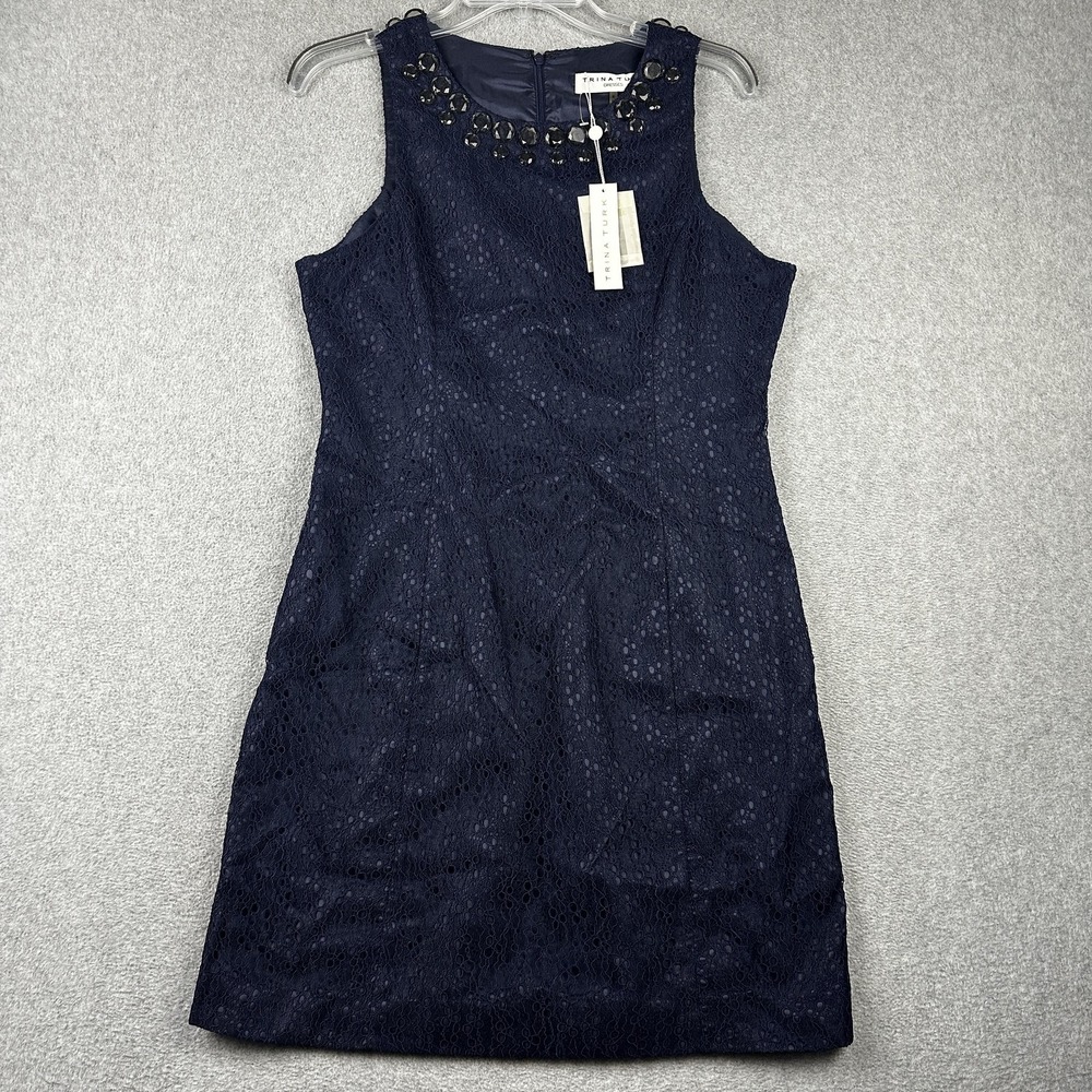Trina Turk Dress Womens 8 Navy Blue Sleeveless Beaded Neck Lace Cocktail Party